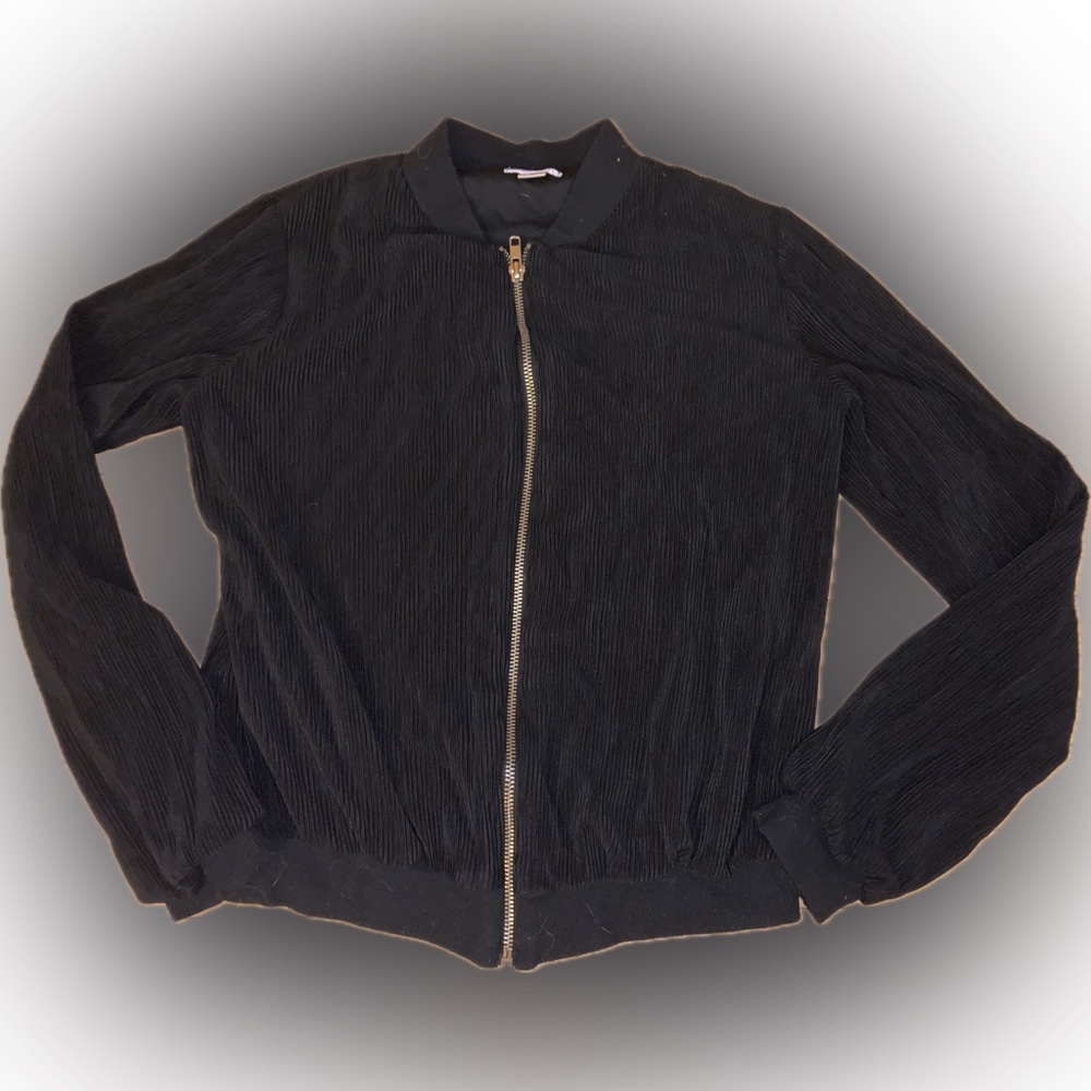 XS Ribbed, Stretchy Black Bomber Jacket with Gold Zipper